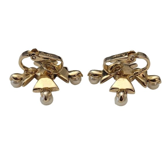 Trifari Gold Tone Clear Rhinestone Faux Pearl Maltese Cross Clip Earrings, M1003 - Picture 5 of 9